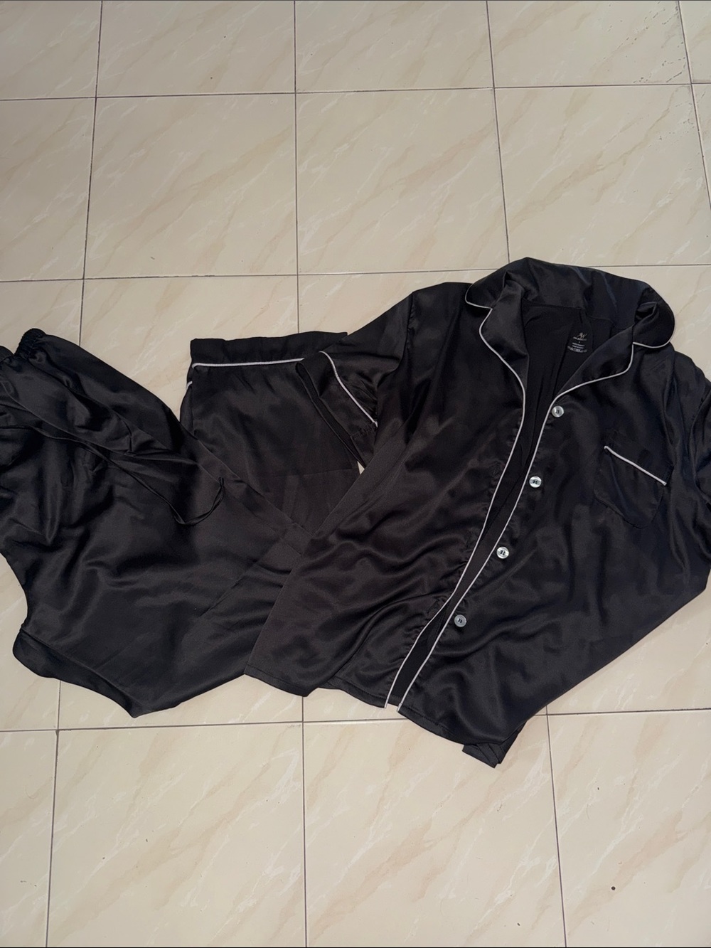 Black Satin Pajama Set with Contrast Piping